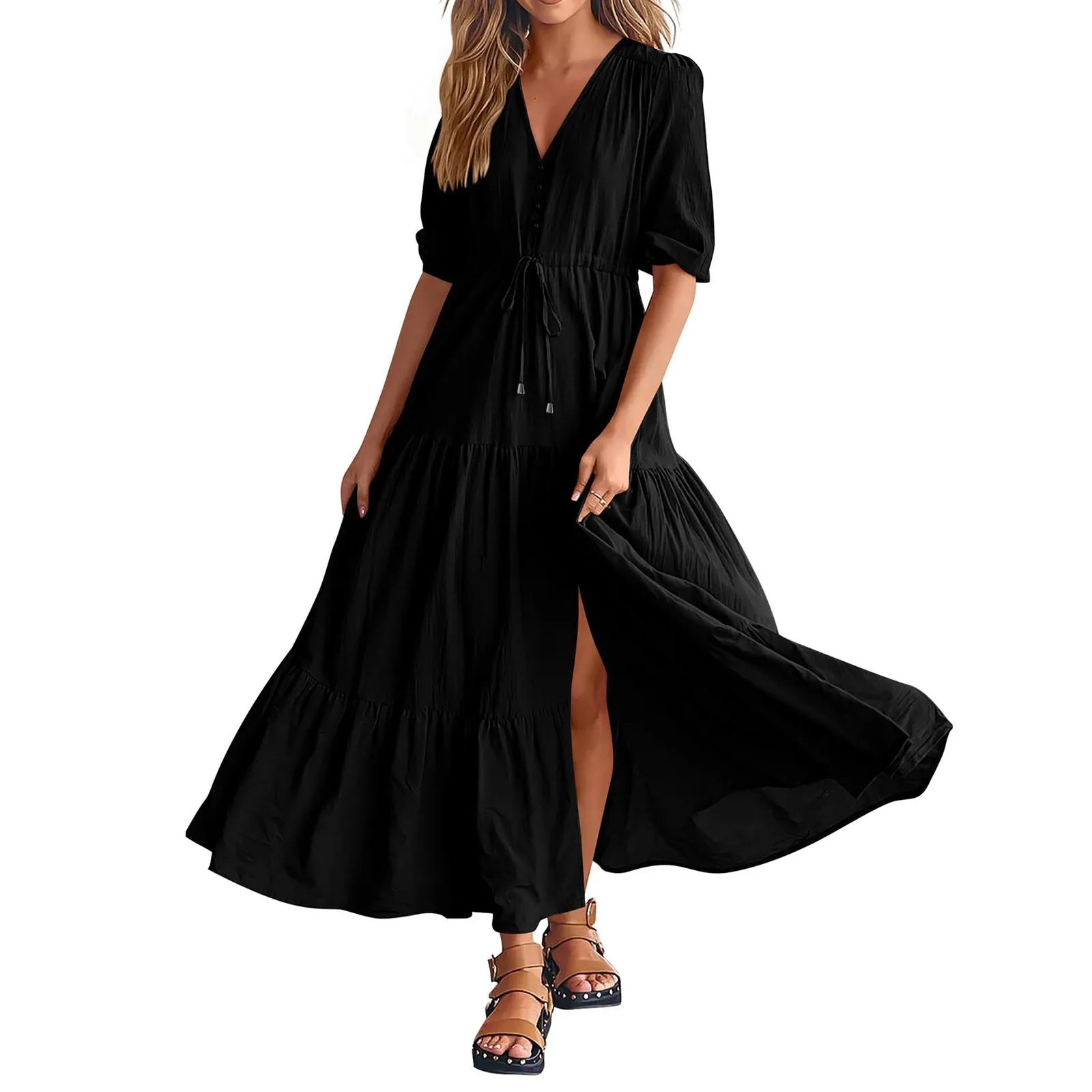 Women Summer Dresses Short Sleeves V Neck Button Drawstring Maxi Dresses Solid Color Bohemia Long holiday party Dresses
Women Summer Dresses Short Sleeves V Neck Button Drawstring Maxi Dresses Solid Color Bohemia Long holiday party Dresses