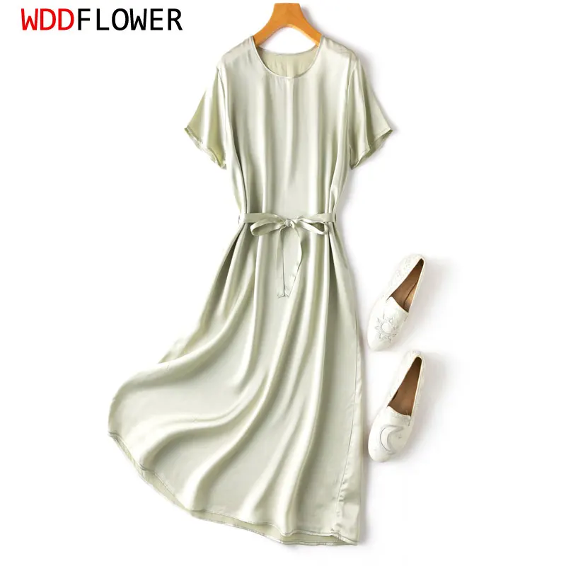 Women Silk Midi Dress 100% Mulberry Silk 20 Momme Thickness Elegant Light Green Round Neck Belt Waist Chic Long Dresses MM781
Women Silk Midi Dress 100% Mulberry Silk 20 Momme Thickness Elegant Light Green Round Neck Belt Waist Chic Long Dresses MM781