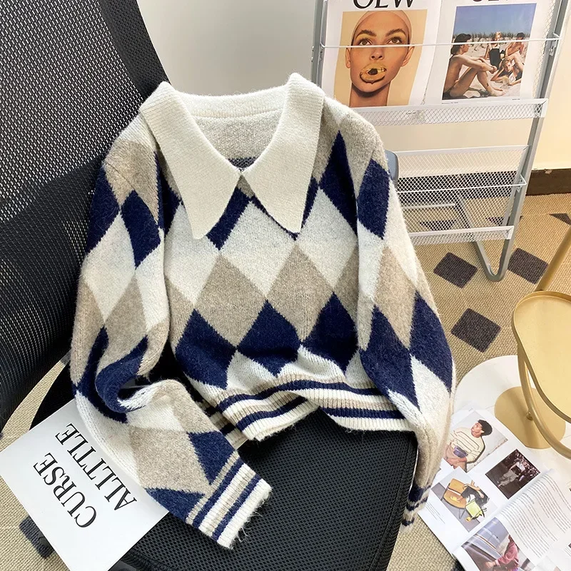 DAYIFUN-Retro Diamond Plaid Sweaters Women Loose Contrast Short Knitted Pullovers Soft Sweat Jumpers Autumn Winter Tops 2023
DAYIFUN-Retro Diamond Plaid Sweaters Women Loose Contrast Short Knitted Pullovers Soft Sweat Jumpers Autumn Winter Tops 2023