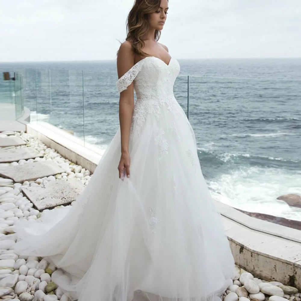 Elegant A-Line Wedding Dresses Off The Shoulder Appliques Bridal Gowns Lace Sweetheart Lace Up Bride Robes Robe De Mariée
Elegant A-Line Wedding Dresses Off The Shoulder Appliques Bridal Gowns Lace Sweetheart Lace Up Bride Robes Robe De Mariée