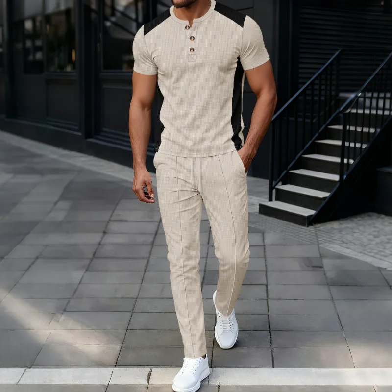 Men Color Block Waffle Knit Henley Short Sleeve T-Shirt Drawstring Long Pants 2 Piece Spring Casual Set
Men Color Block Waffle Knit Henley Short Sleeve T-Shirt Drawstring Long Pants 2 Piece Spring Casual Set