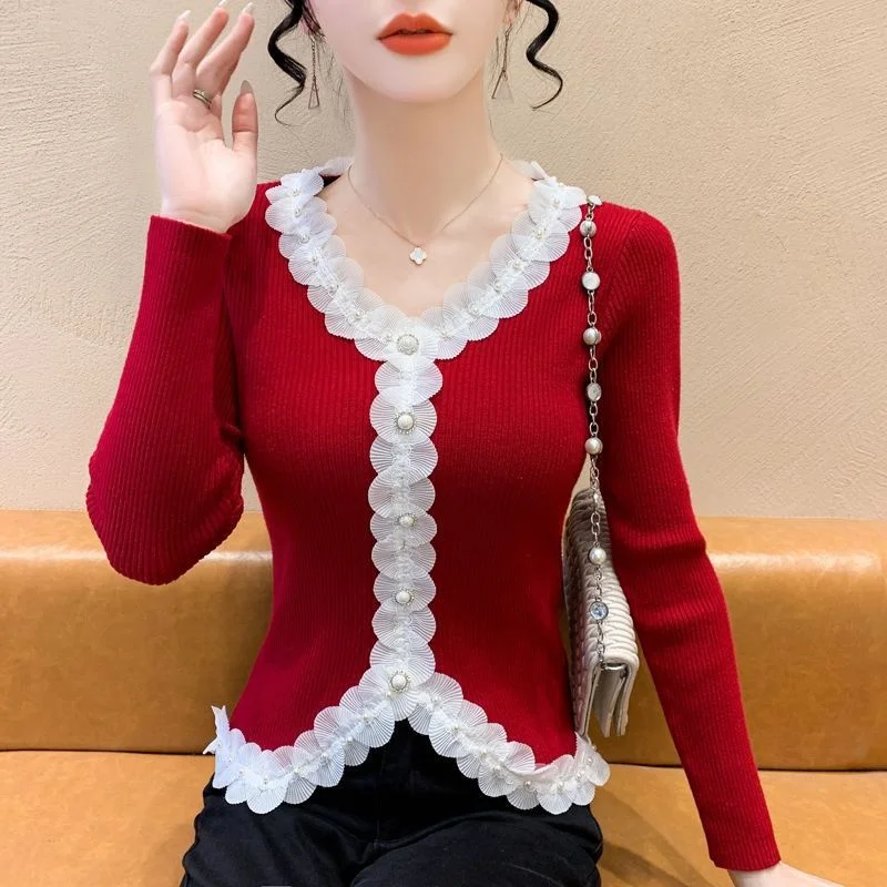Spring Autumn fashion New Splicing Lace Pullover Sweater Women 2025 Casual All-Match V-neck Bottoming Shirt Knitwear Ladies Top
Spring Autumn fashion New Splicing Lace Pullover Sweater Women 2025 Casual All-Match V-neck Bottoming Shirt Knitwear Ladies Top