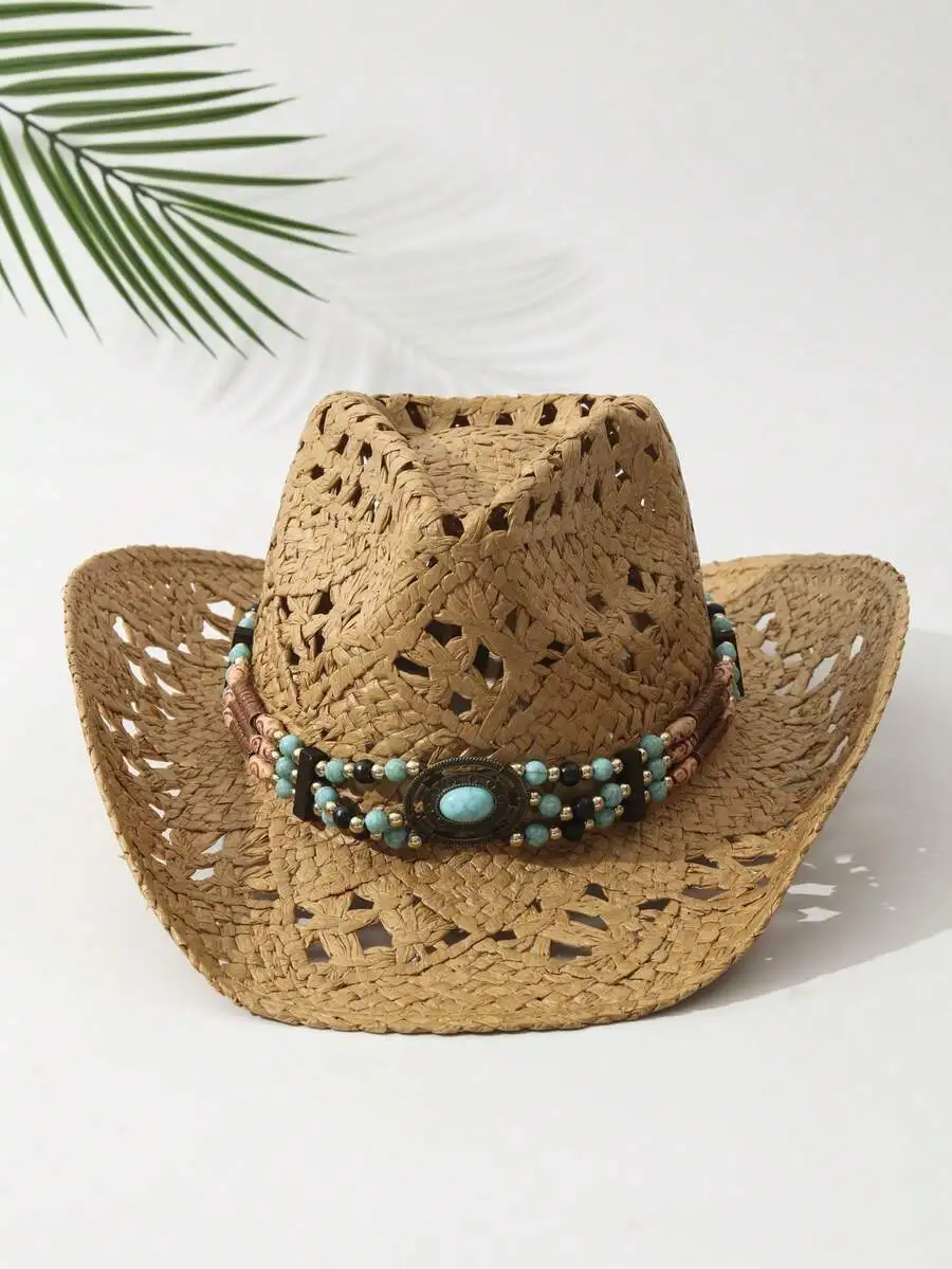Unisex Turquoise Beaded Hollow Straw Cowboy Hat For Beach Summer Casual UV Protection
Unisex Turquoise Beaded Hollow Straw Cowboy Hat For Beach Summer Casual UV Protection