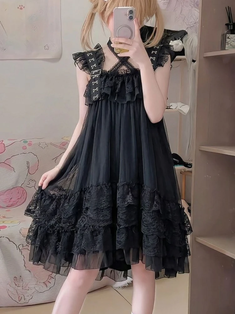 Japanese Gothic Vintage Dark Dress Women Chic Lace Design Irregular Loose Lolita Dress Harajuku Kawaii Summer Casual Black Dress
Japanese Gothic Vintage Dark Dress Women Chic Lace Design Irregular Loose Lolita Dress Harajuku Kawaii Summer Casual Black Dress