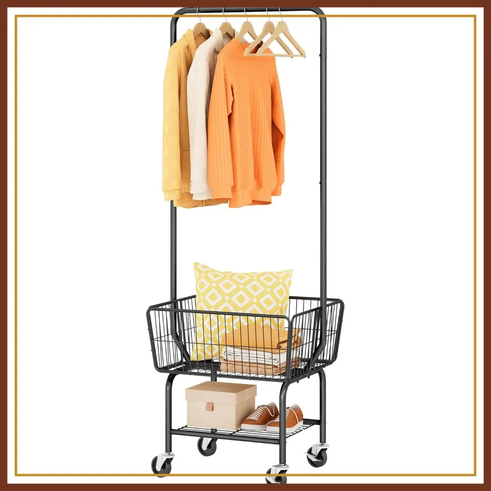 Rolling Laundry Cart with Hanging Rack, Metal Basket with Wheels, Storage Shelf, Black
Rolling Laundry Cart with Hanging Rack, Metal Basket with Wheels, Storage Shelf, Black
