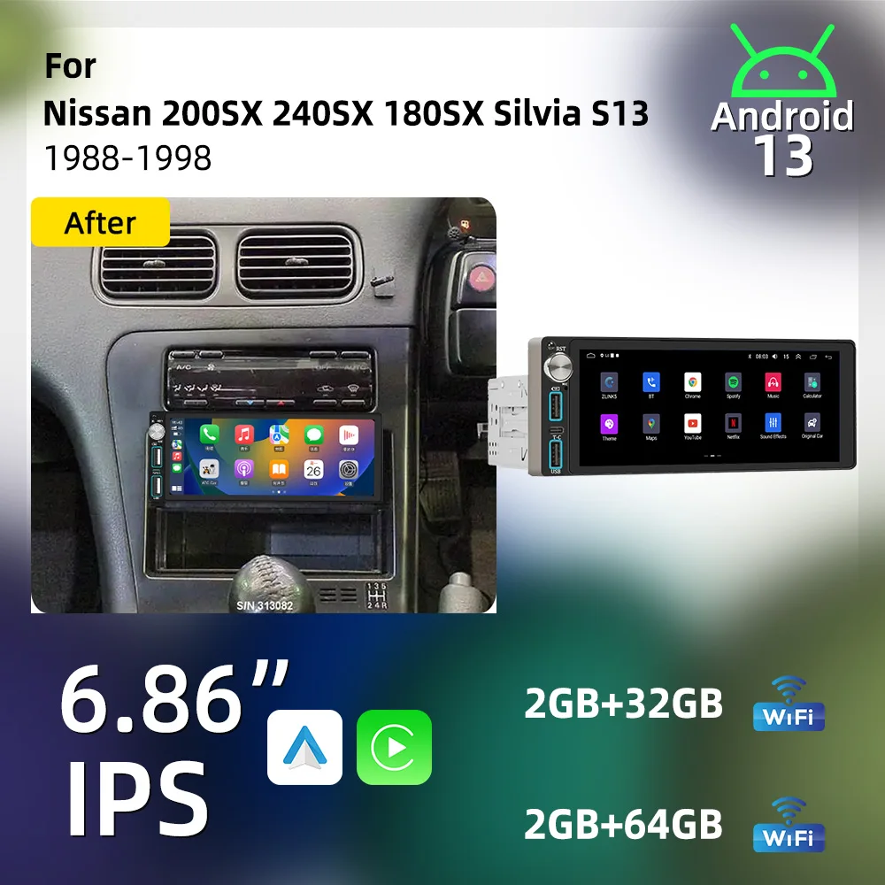 Автомагнитола Android 6.86" с беспроводным CarPlay, 1 DIN, для Nissan 200SX 240SX 180SX Silvia S13 1988-1998, GPS-навигация
Автомагнитола Android 6.86" с беспроводным CarPlay, 1 DIN, для Nissan 200SX 240SX 180SX Silvia S13 1988-1998, GPS-навигация