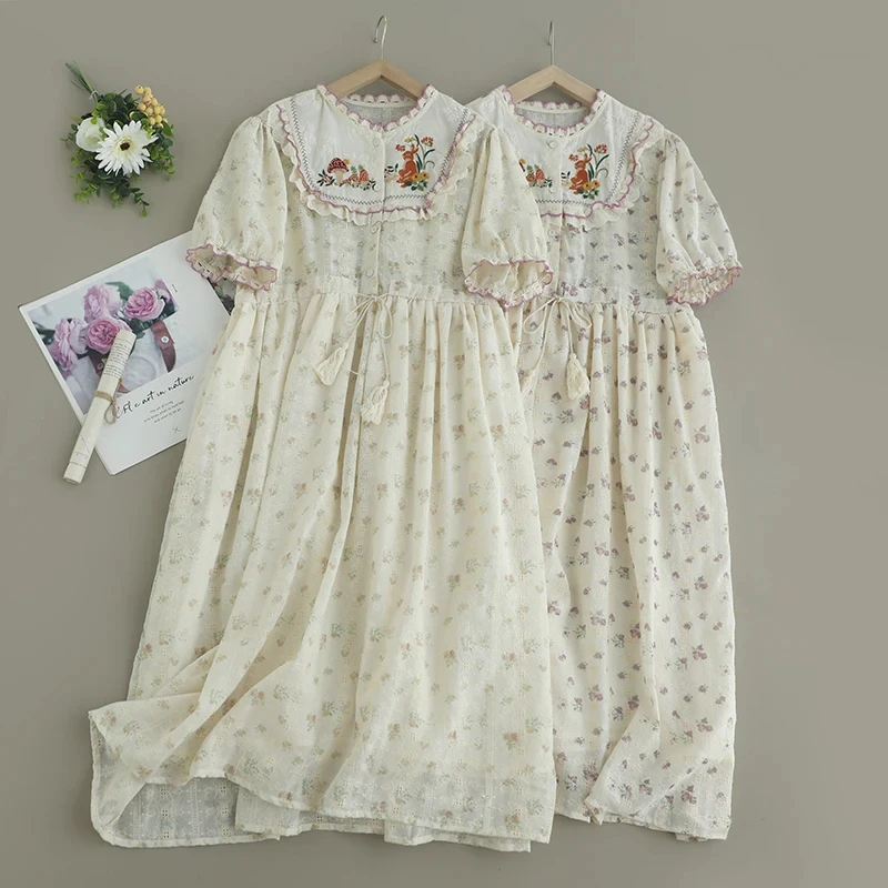 Summer Sweet Japanese Style Floral Embroidered Dress Women O-neck Short Sleeve Drawstring Waist Casual Cotton Midi Dresses
Summer Sweet Japanese Style Floral Embroidered Dress Women O-neck Short Sleeve Drawstring Waist Casual Cotton Midi Dresses