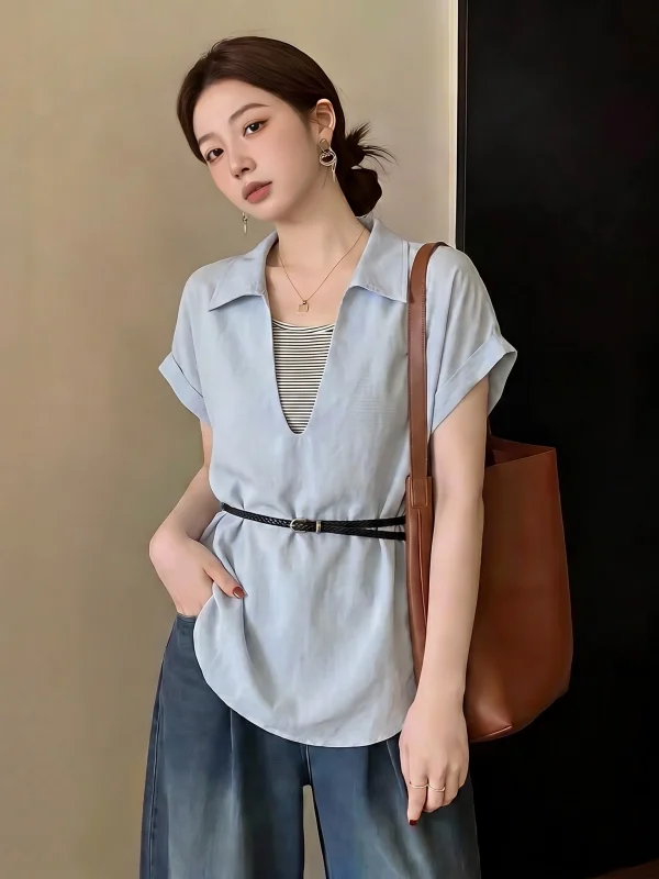 Light Blue V-Neck Midi Shirt Women's plus Size Regular Sleeve Commute Style Korean Version Loose Fit Summer New Arrival
Light Blue V-Neck Midi Shirt Women's plus Size Regular Sleeve Commute Style Korean Version Loose Fit Summer New Arrival