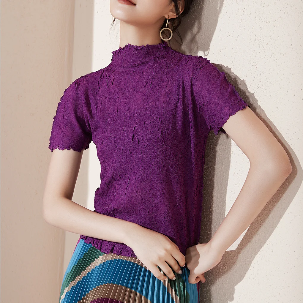 Basic short-sleeved tops for women in summer, slim fit, stand-up collar, black pleated T-shirt, 2025 new summer tops
Basic short-sleeved tops for women in summer, slim fit, stand-up collar, black pleated T-shirt, 2025 new summer tops
