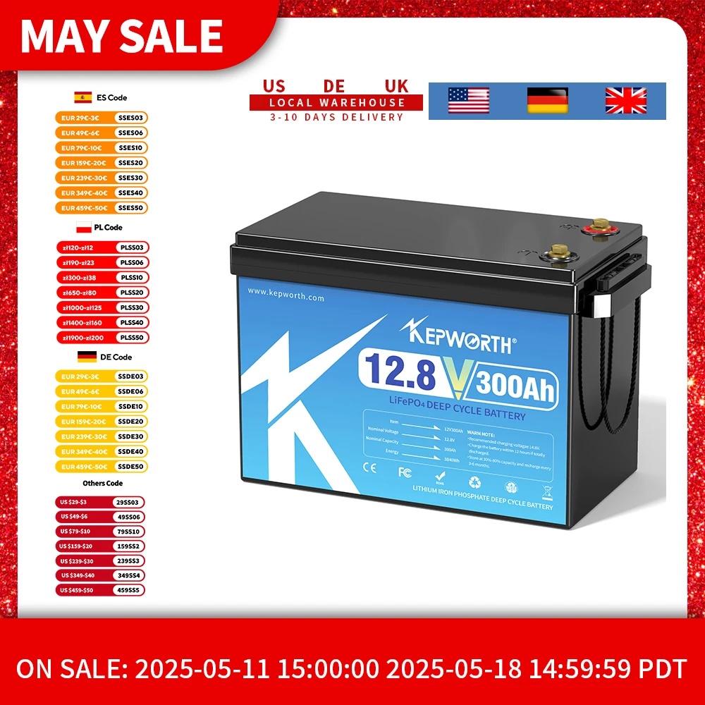 KEPWORTH 12V 300Ah LiFePO4 аккумулятор, встроенный 200A BMS 3840Wh энергетический глубокий цикл, идеально подходит для автономных сетей, дома на колесах, солнечной системы
KEPWORTH 12V 300Ah LiFePO4 аккумулятор, встроенный 200A BMS 3840Wh энергетический глубокий цикл, идеально подходит для автономных сетей, дома на колесах, солнечной системы