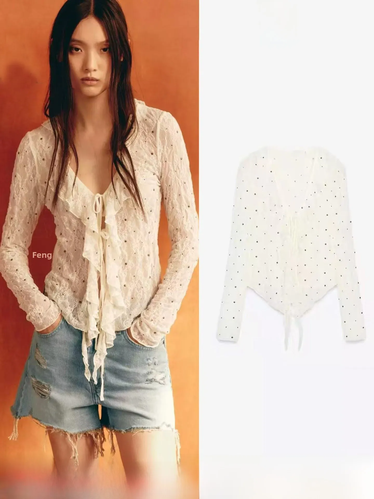Spicy Girl Style Long Sleeve Lace Shirt V-Neck Rivet Decoration Pure Desire Fashion Women's Top Breathable Moisture Wicking
Spicy Girl Style Long Sleeve Lace Shirt V-Neck Rivet Decoration Pure Desire Fashion Women's Top Breathable Moisture Wicking