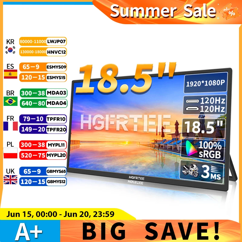 HGFRTEE 18.5inch 120Hz 100%RGB Portable Monitor Laptop Extended Display ADS-IPS HDR Screen With VESA Hole & Back bracket
HGFRTEE 18.5inch 120Hz 100%RGB Portable Monitor Laptop Extended Display ADS-IPS HDR Screen With VESA Hole & Back bracket