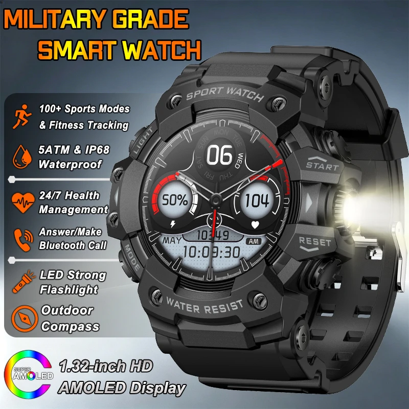 New Military Rugged Smartwatch Men Sports Fitness Compass Heart Rate IP68 Waterproof Flashlight Call Smart Watch For iOS Android
New Military Rugged Smartwatch Men Sports Fitness Compass Heart Rate IP68 Waterproof Flashlight Call Smart Watch For iOS Android
