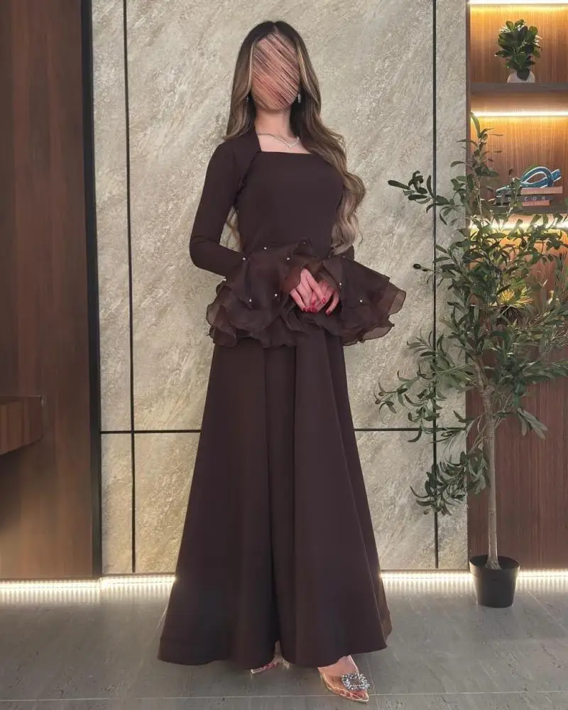 Jirocum Luxury Chocolate Brown Evening Dresses Set, Square Neck Sheer Ruffle Top with Beaded for Gala Prom Party
Jirocum Luxury Chocolate Brown Evening Dresses Set, Square Neck Sheer Ruffle Top with Beaded for Gala Prom Party