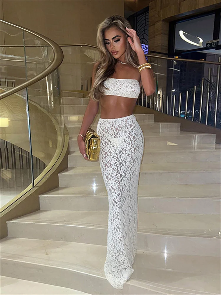 Insglas Lace Sexy 2 Piece Sets Woman See Through Strapless Crop Tops+Long Skirts Party Clubwear Skinny Matching Summer Outfits
Insglas Lace Sexy 2 Piece Sets Woman See Through Strapless Crop Tops+Long Skirts Party Clubwear Skinny Matching Summer Outfits