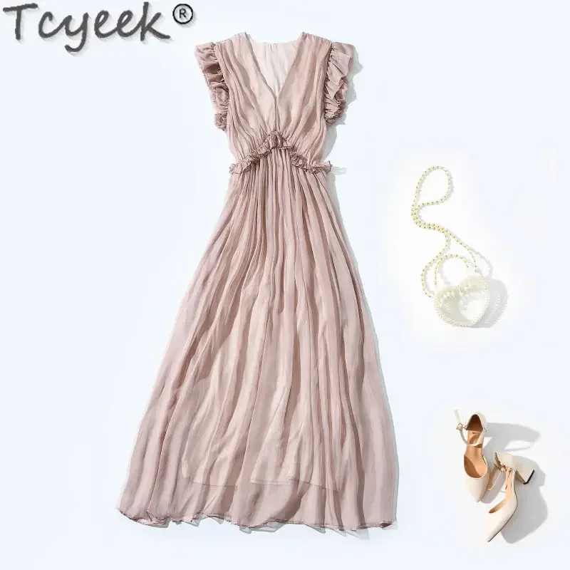 Tcyeek 2023 High-end 100% Mulberry Silk Dress Elegant Dresses for Women Summer Sleeveless Dress Womens Clothing Vestido Feminino
Tcyeek 2023 High-end 100% Mulberry Silk Dress Elegant Dresses for Women Summer Sleeveless Dress Womens Clothing Vestido Feminino