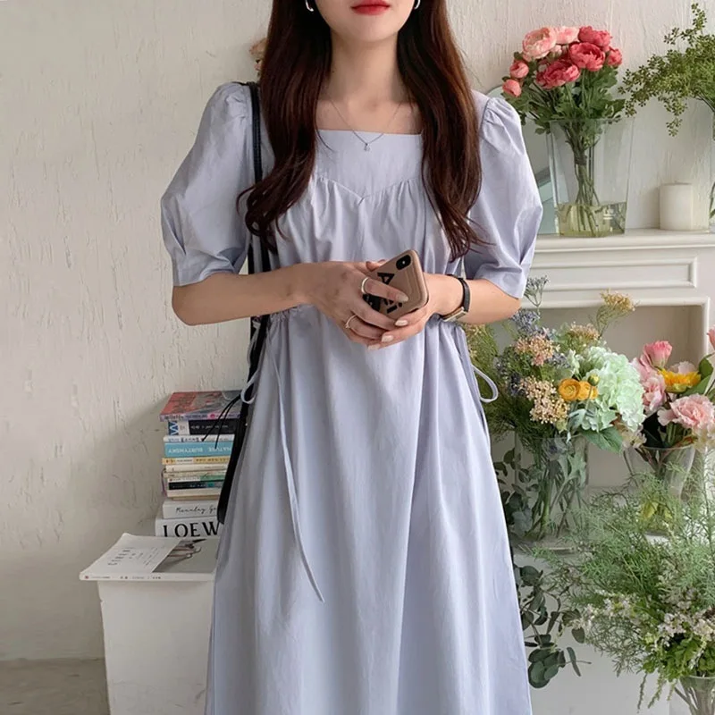 Elegant Women Dress Solid Color Square Neck Short Sleeves Dress Summer Female Casual A-Line Party Sundress
Elegant Women Dress Solid Color Square Neck Short Sleeves Dress Summer Female Casual A-Line Party Sundress
