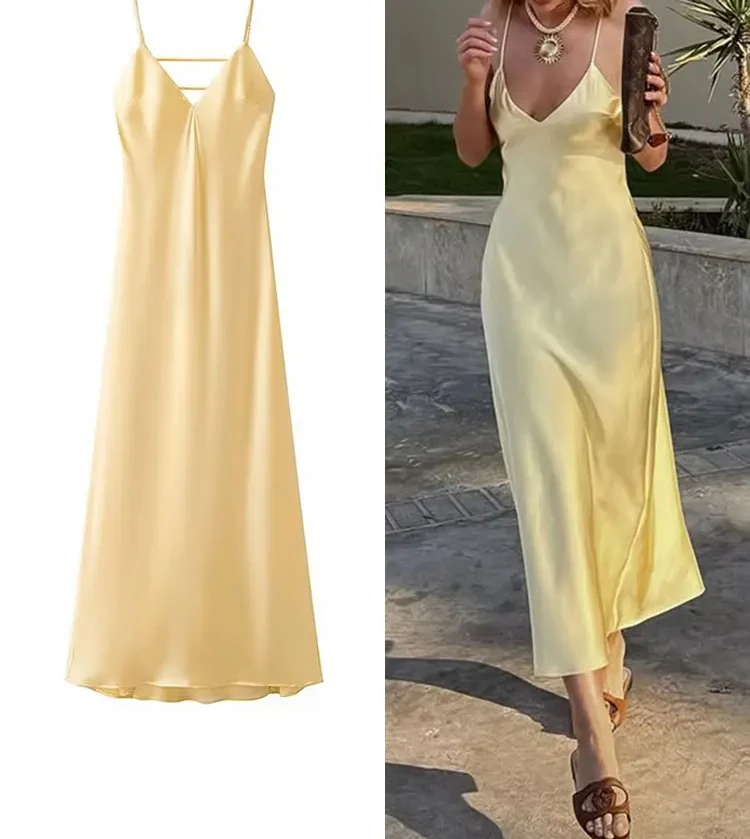 Women Summer Yellow Stain V Neck Sling Dress Elegant Sleeveless Loose Maxi Robes 2025 New Ladies Party Holiday Dresses
Women Summer Yellow Stain V Neck Sling Dress Elegant Sleeveless Loose Maxi Robes 2025 New Ladies Party Holiday Dresses