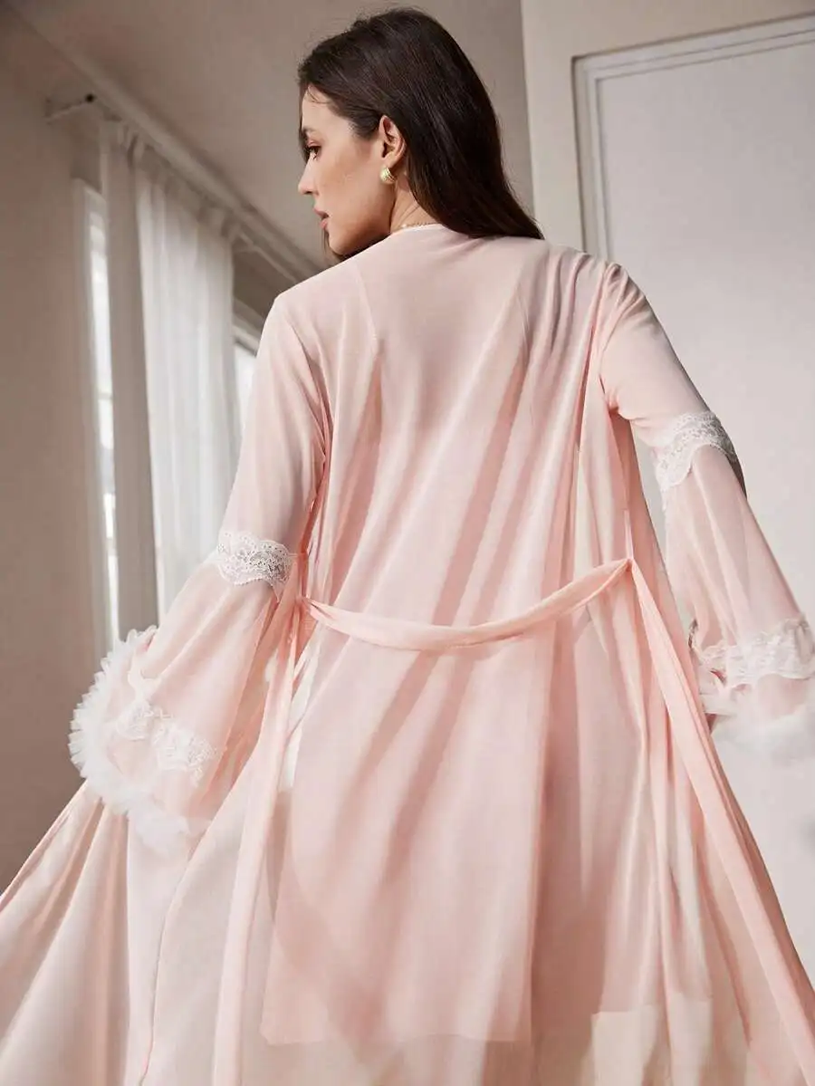 Elegant Lace Trim Flared Sleeve Mesh Robe And Fitted Dress Set For Women
Elegant Lace Trim Flared Sleeve Mesh Robe And Fitted Dress Set For Women