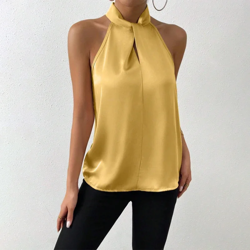 New Fashion Women's Sleeveless Tops Sexy Halter Neck Sling Summer Casual Luxury Satin Imitation Silk Ladies Business Clothing
New Fashion Women's Sleeveless Tops Sexy Halter Neck Sling Summer Casual Luxury Satin Imitation Silk Ladies Business Clothing