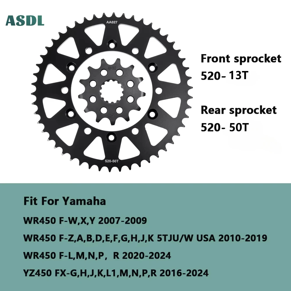 Motorcycle Front and Rear Sprocket 520 50T 13T for Yamaha WR450 F-W X Y 2007-2009 WR450 F-Z A~K 5TJU/W 10-19 WR450F 20-24 YZ450
Motorcycle Front and Rear Sprocket 520 50T 13T for Yamaha WR450 F-W X Y 2007-2009 WR450 F-Z A~K 5TJU/W 10-19 WR450F 20-24 YZ450
