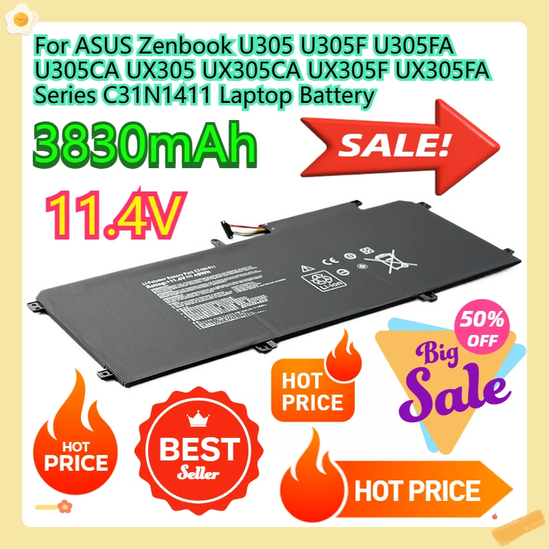 For ASUS Zenbook U305 U305F U305FA U305CA UX305 UX305CA UX305F UX305FA Series C31N1411 Laptop Battery 11.4V 45Wh
For ASUS Zenbook U305 U305F U305FA U305CA UX305 UX305CA UX305F UX305FA Series C31N1411 Laptop Battery 11.4V 45Wh