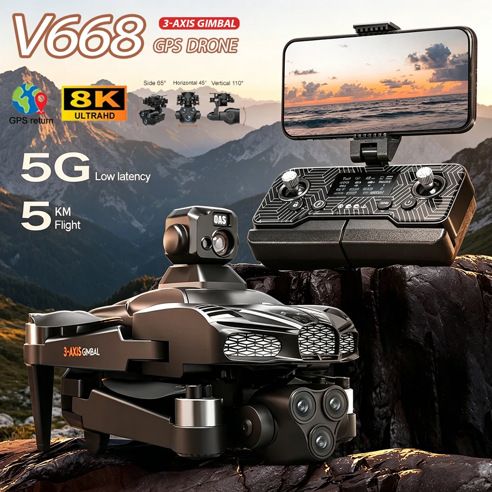 New V668 GPS Drone 8K Professional HD Triple Camera 3-axis Gimbal 360° Obstacle Avoidance Brushless Motor Security Drones Toys
New V668 GPS Drone 8K Professional HD Triple Camera 3-axis Gimbal 360° Obstacle Avoidance Brushless Motor Security Drones Toys