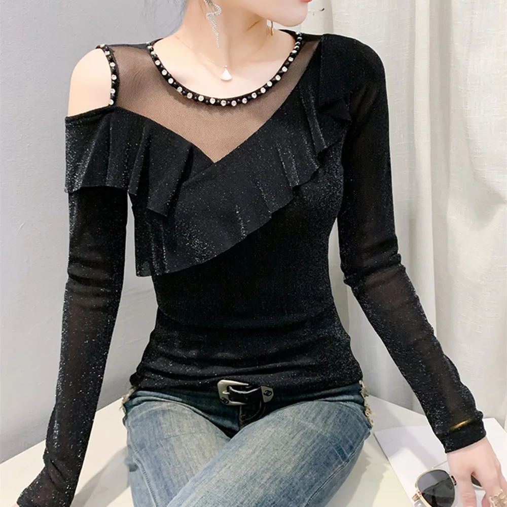 Women's European T-Shirt, Sexy O Neck Beading Ruffles Tops, Streetwear Off Shoulder Slim Mesh Tee, 2025 Spring
Women's European T-Shirt, Sexy O Neck Beading Ruffles Tops, Streetwear Off Shoulder Slim Mesh Tee, 2025 Spring