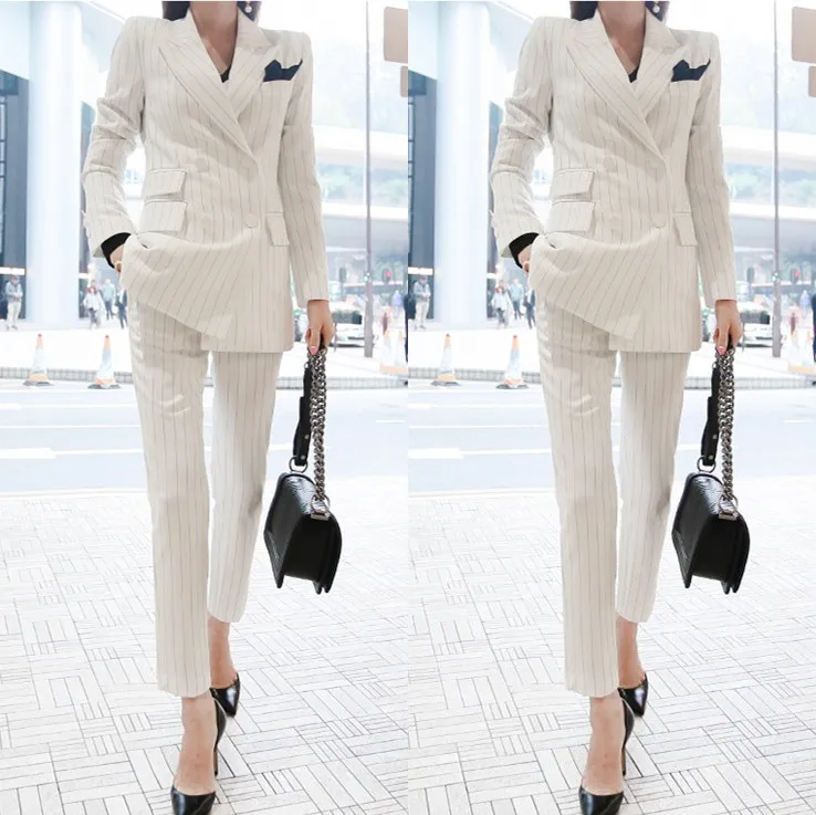 Women's OL Fashion Elegant White Stripe Slim Double-breasted Suits Professional Suit Female Suit Two-piece Long Pant Suits
Women's OL Fashion Elegant White Stripe Slim Double-breasted Suits Professional Suit Female Suit Two-piece Long Pant Suits
