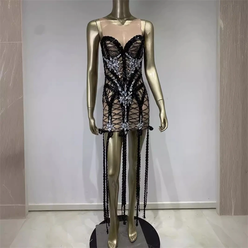 Sparkle Sequins Embroider Sparking Diamonds Long Tassel Sleeveless Mini Dress Women Red Carpet Goddess Stage Performance Costume
Sparkle Sequins Embroider Sparking Diamonds Long Tassel Sleeveless Mini Dress Women Red Carpet Goddess Stage Performance Costume
