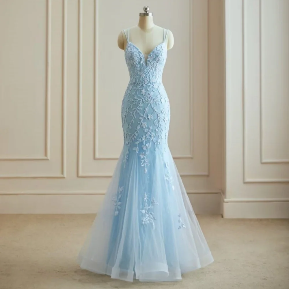 Женское кружевное платье-русалка, длинное вечернее платье из тюля с V-образным вырезом, аппликацией и открытой спиной, на тонких бретельках, для выпускного вечера
Женское кружевное платье-русалка, длинное вечернее платье из тюля с V-образным вырезом, аппликацией и открытой спиной, на тонких бретельках, для выпускного вечера