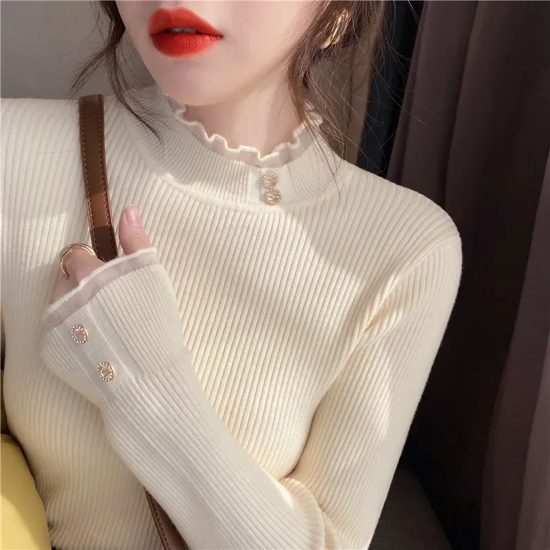 Solid Color Small Fragrant Style Knitted Base Sweater 2025 Autumn/Winter Women's Lace Half High Neck Long Sleeve Slim Fit Top
Solid Color Small Fragrant Style Knitted Base Sweater 2025 Autumn/Winter Women's Lace Half High Neck Long Sleeve Slim Fit Top