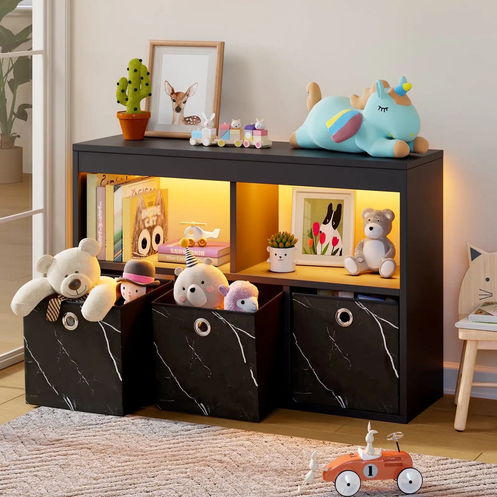 5-Cube Kid's Bookshelf LED Toy Storage Organizer with Three Marbled Fabric Drawers for Playroom Storage, Black
5-Cube Kid's Bookshelf LED Toy Storage Organizer with Three Marbled Fabric Drawers for Playroom Storage, Black