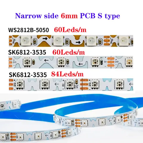 WS2812B S PCB Pixel LED Strip DC5V 5050 RGB 12V 60 84 LEDs/m SK6812 3535 SMD Addressable Flexible Tape Full Color 6mm PCB