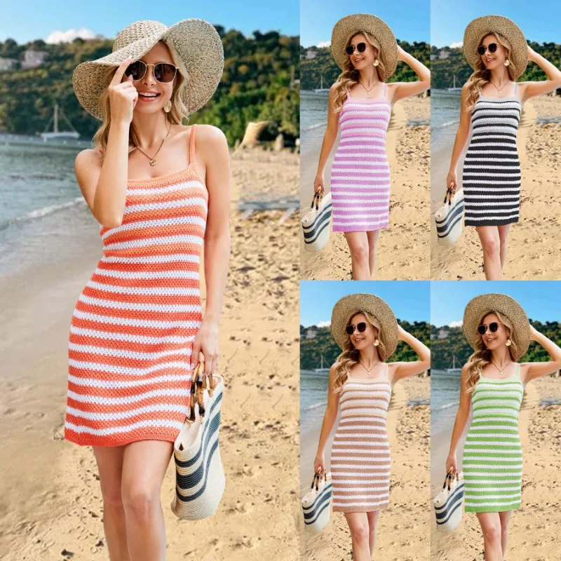 2025 Summer Sexy Ladies Striped Color Block Knitted Spaghetti Strap Beach Dress Elegant Women's Fashion Dress
2025 Summer Sexy Ladies Striped Color Block Knitted Spaghetti Strap Beach Dress Elegant Women's Fashion Dress