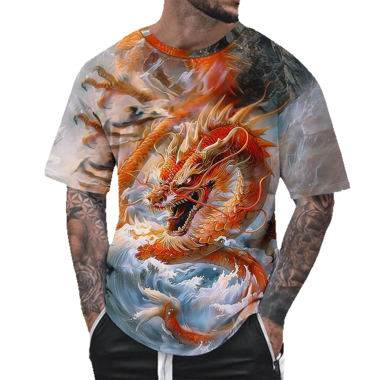 Men's casual graphic T-shirt with 3D digital printing dragon pattern short sleeved loose and breathable round neck top for men
Men's casual graphic T-shirt with 3D digital printing dragon pattern short sleeved loose and breathable round neck top for men