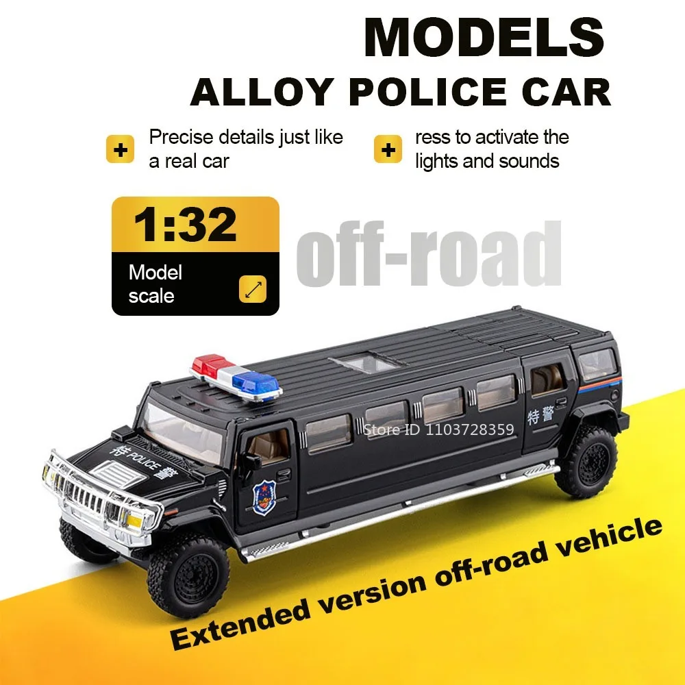1:32 Police Model Toy Off-road Cars Metal Diecast Doors Opened Pull Back Sound Light Miniature Toys for Children Edutainment
1:32 Police Model Toy Off-road Cars Metal Diecast Doors Opened Pull Back Sound Light Miniature Toys for Children Edutainment
