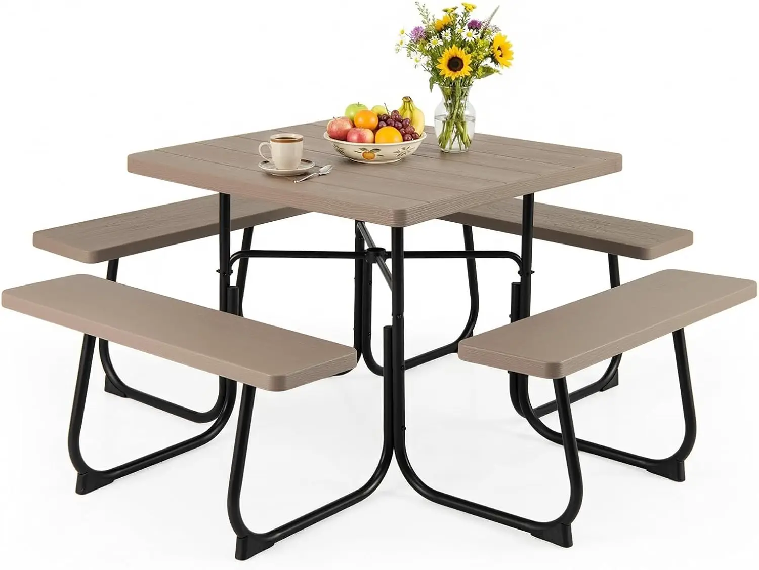 Picnic Table Bench Set for 8 Persons, Square Outdoor Table and Bench with Umbrella Hole, HDPE Top & Metal Frame, 2000LBS
Picnic Table Bench Set for 8 Persons, Square Outdoor Table and Bench with Umbrella Hole, HDPE Top & Metal Frame, 2000LBS