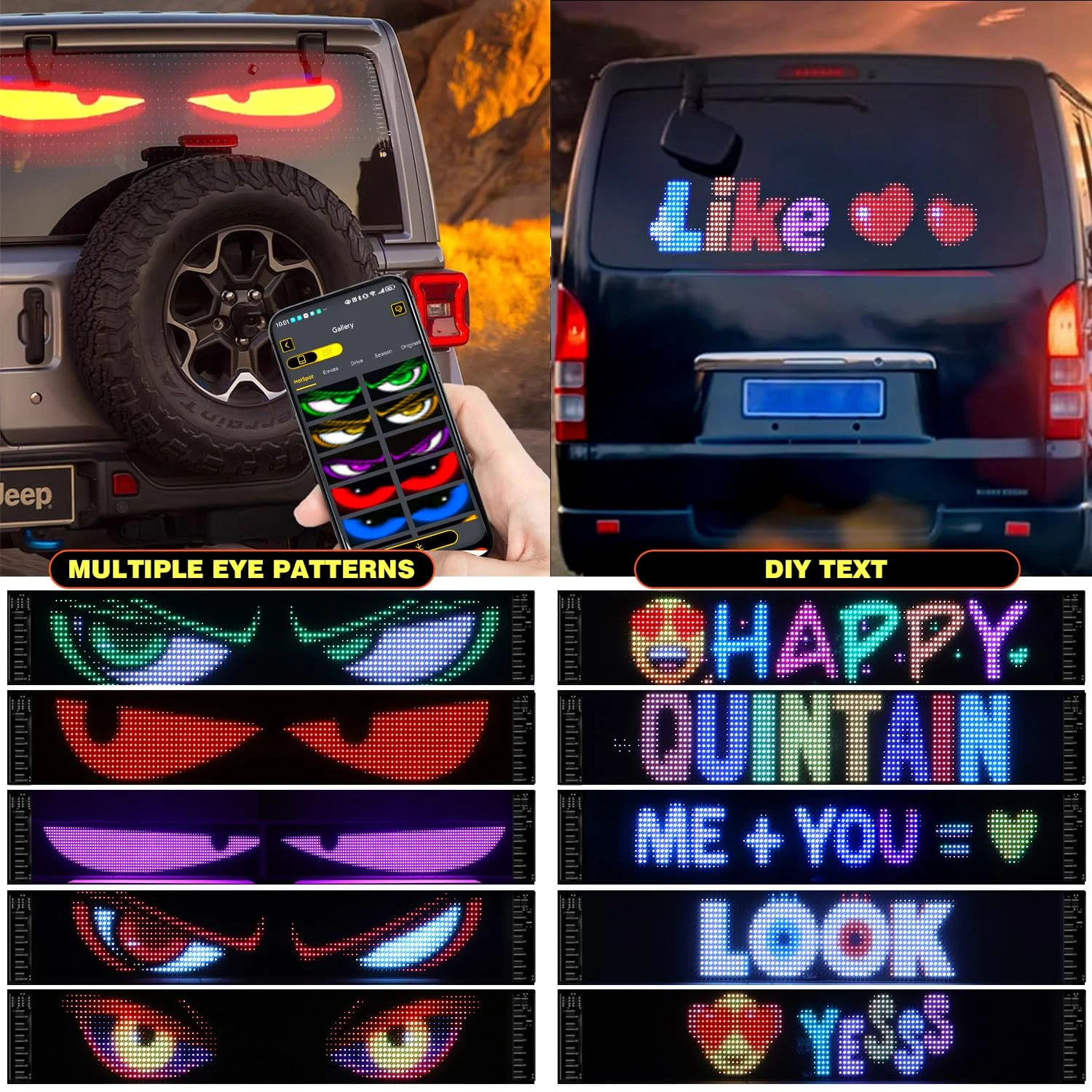 Dynamic Devil Eyes Light for Cars Truck Windshield Programmable LED Display Flexible Soft Screen Bluetooth APP Remote Control
Dynamic Devil Eyes Light for Cars Truck Windshield Programmable LED Display Flexible Soft Screen Bluetooth APP Remote Control