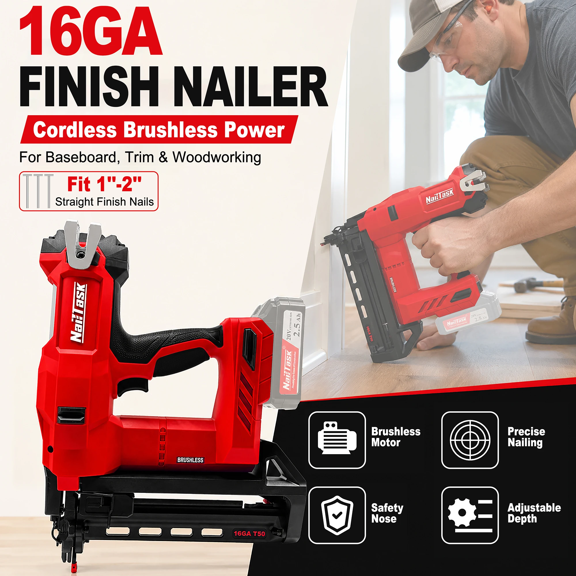 16GA 20V Cordless Brushless Finish Nailer for 1-2 Inch Straight Nails, Wood Trim Baseboard, No Battery Kit for DIY Pro Use
16GA 20V Cordless Brushless Finish Nailer for 1-2 Inch Straight Nails, Wood Trim Baseboard, No Battery Kit for DIY Pro Use