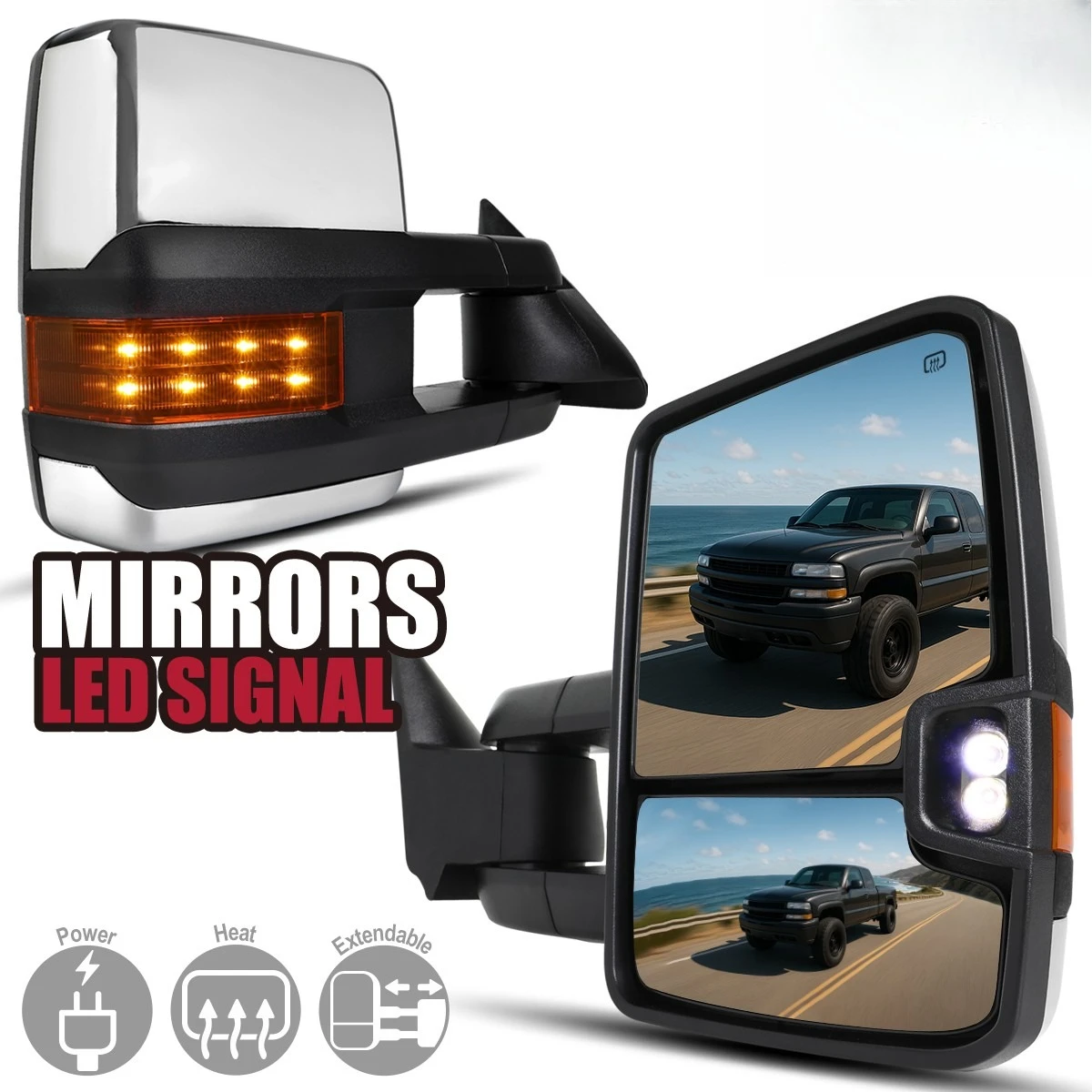 Tow Mirrors Fits 1999-2002 Silverado Sierra 1500 Chrome Power Heated+LED Signal
Tow Mirrors Fits 1999-2002 Silverado Sierra 1500 Chrome Power Heated+LED Signal