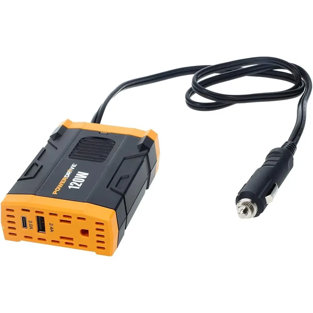 120 Watt Power Inverter Slim 12v DC to 110v AC with Outlet and 2 USB Ports
120 Watt Power Inverter Slim 12v DC to 110v AC with Outlet and 2 USB Ports