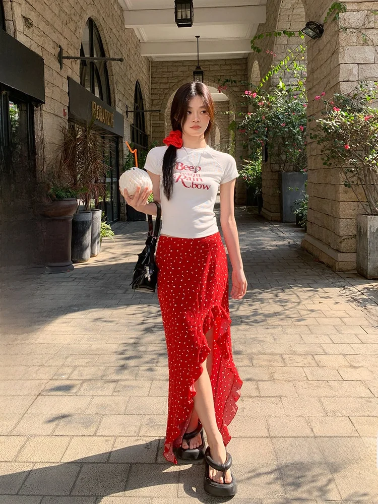 Red Floral Print Asymmetrical Hem Half Skirt Women's Summer Split Lace Trim Long Skirt Standard Fit Commute Style Korean Version
Red Floral Print Asymmetrical Hem Half Skirt Women's Summer Split Lace Trim Long Skirt Standard Fit Commute Style Korean Version