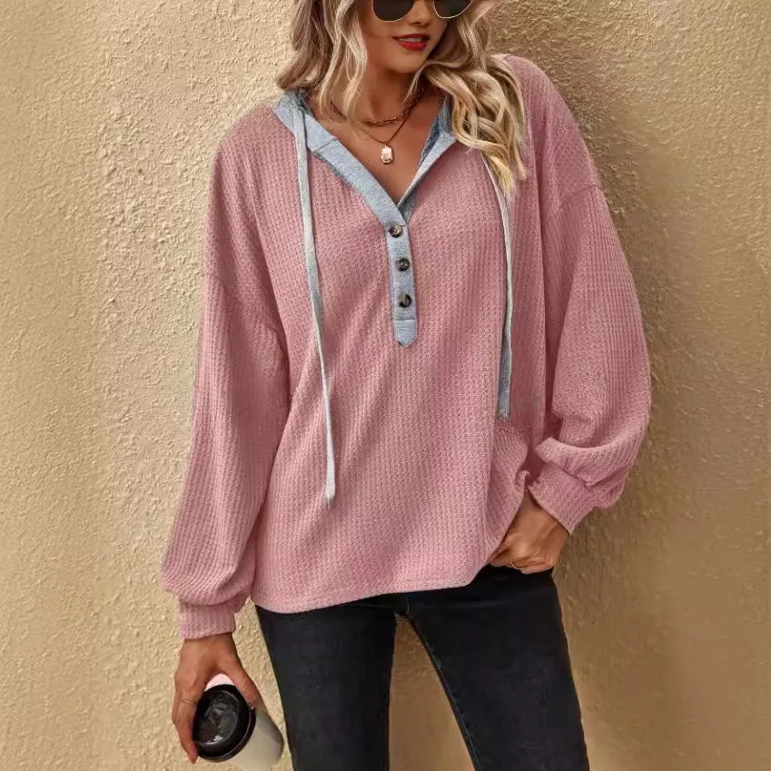 European and American Autumn Winter Loose Hooded Tops New Casual Waffle Button Long-sleeved Sweatshirt for Women
European and American Autumn Winter Loose Hooded Tops New Casual Waffle Button Long-sleeved Sweatshirt for Women