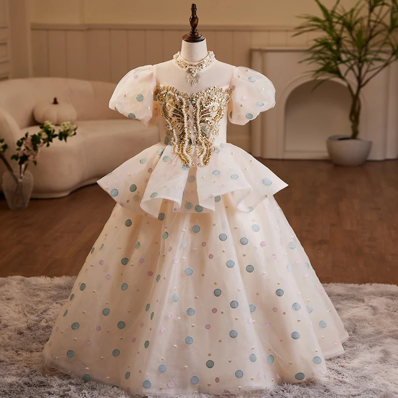 Kids White Polka Dot Tulle Dress Girls Puff Sleeve Beading Chiffon Prom Gown Children Formal Ball Evening Dress for 4-12Y
Kids White Polka Dot Tulle Dress Girls Puff Sleeve Beading Chiffon Prom Gown Children Formal Ball Evening Dress for 4-12Y