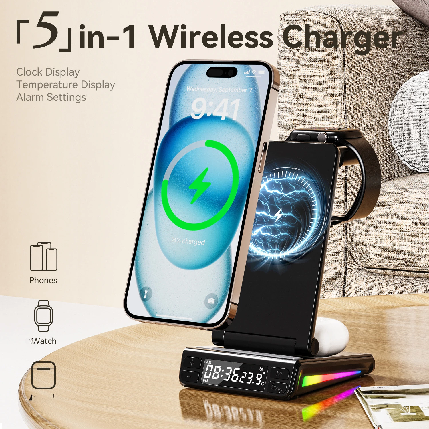 Настольное вертикальное Беспроводное зарядное устройство 5 в 1 для iPhone 12, 13, 14, 15, Samsung Galaxy iwatch, гарнитура, зарядка, складное Беспроводное зарядное устройство
Настольное вертикальное Беспроводное зарядное устройство 5 в 1 для iPhone 12, 13, 14, 15, Samsung Galaxy iwatch, гарнитура, зарядка, складное Беспроводное зарядное устройство