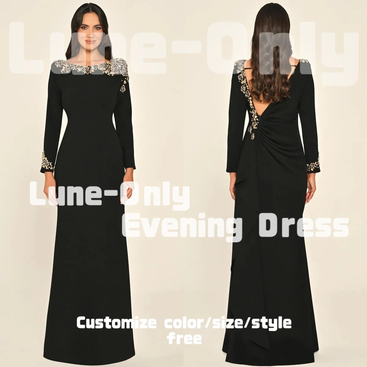 Customized Long Sleeves Black Jersey Evening Dresses With Beads Open Back Floor-Length Elegant Party Gown Prom Formal Dress
Customized Long Sleeves Black Jersey Evening Dresses With Beads Open Back Floor-Length Elegant Party Gown Prom Formal Dress
