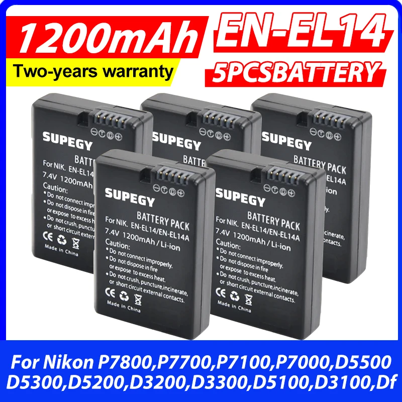 5Pcs EN-EL14 EN-EL14a ENEL14 EL14 1200mAh Battery for Nikon P7800,P7700,P7100,P7000,D5500,D5300,D5200,D3200,D3300,D5100,D3100,Df
5Pcs EN-EL14 EN-EL14a ENEL14 EL14 1200mAh Battery for Nikon P7800,P7700,P7100,P7000,D5500,D5300,D5200,D3200,D3300,D5100,D3100,Df