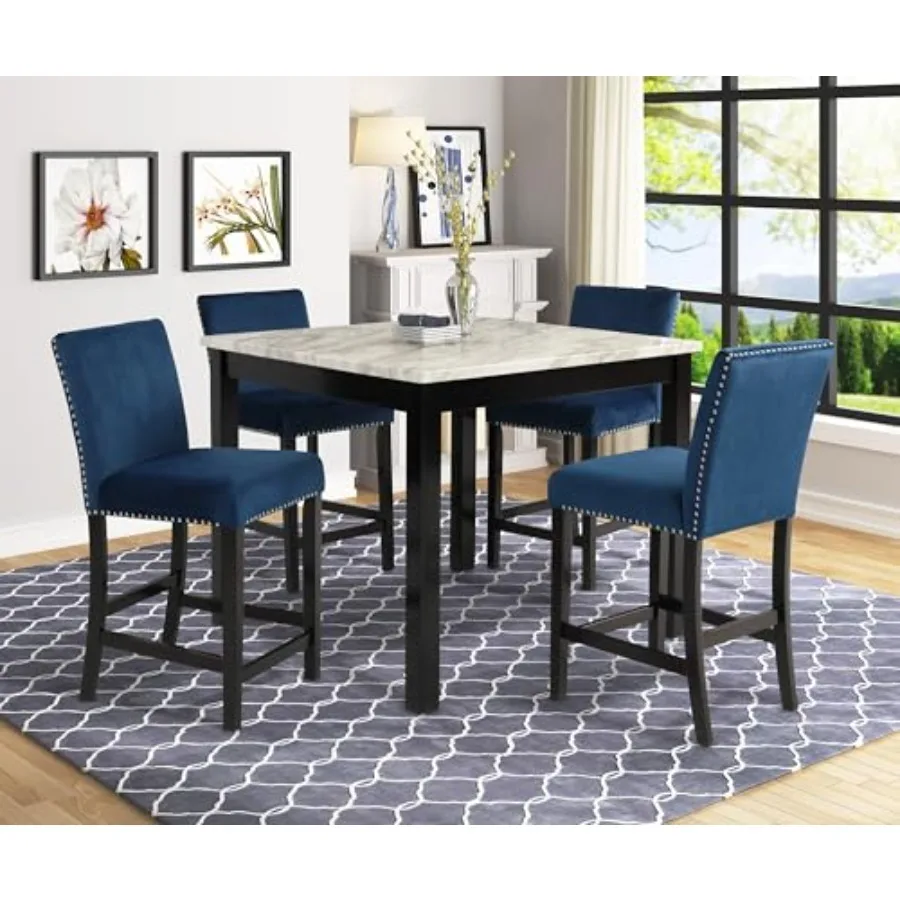 5pc Counter Height Dining Set Square White Faux Marble Table Blue Velvet Upholstered Tufted Nail Head Chairs Wooden Leg Dining
5pc Counter Height Dining Set Square White Faux Marble Table Blue Velvet Upholstered Tufted Nail Head Chairs Wooden Leg Dining