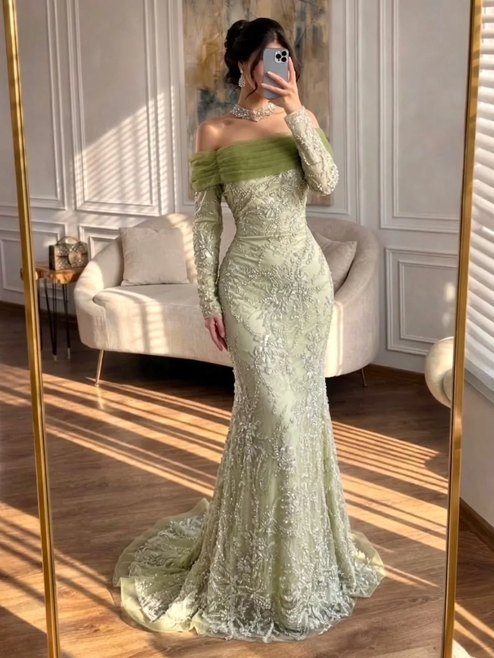 Elegant Green Off Shoulder Mermaid Maxi Dress Women New Beaded Lace Long Sleeve Tulle Formal Evening Dress Customize
Elegant Green Off Shoulder Mermaid Maxi Dress Women New Beaded Lace Long Sleeve Tulle Formal Evening Dress Customize